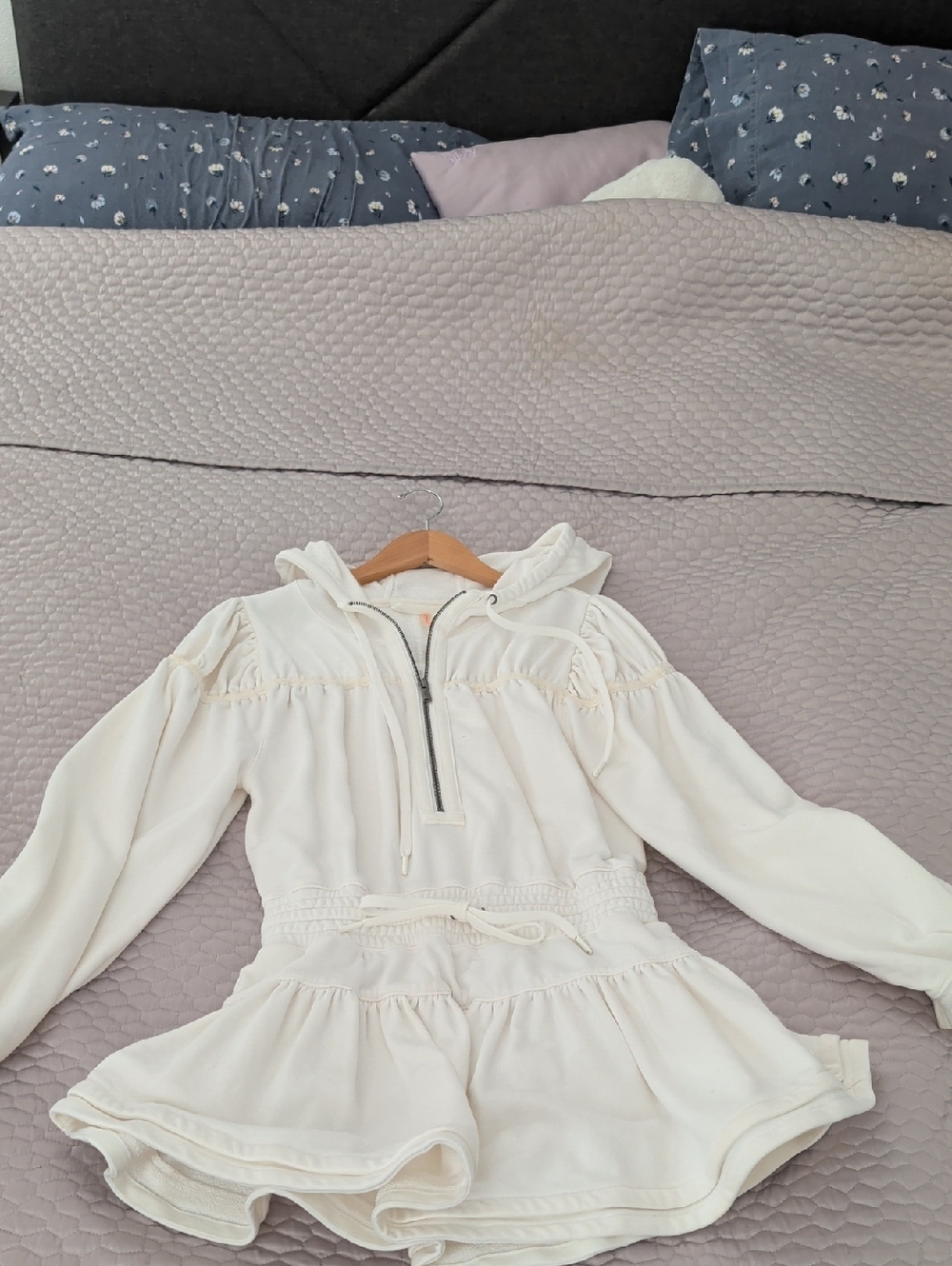 Cream Hooded Ruffled Waist Sweatshirt Dress